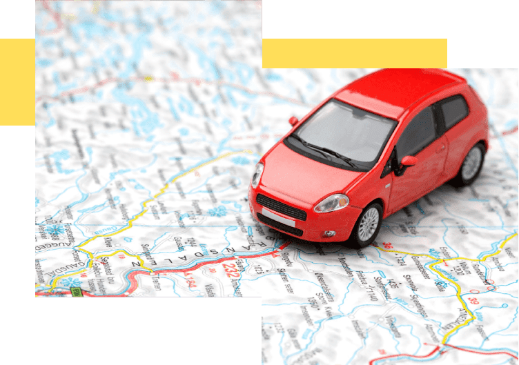 A red car is on the map of europe