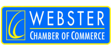 A blue and yellow street sign with the words webster chamber of commerce.